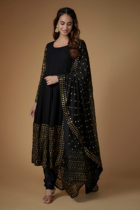 Buy FATIZ Black Georgette, Lycra Embroidery Round Neck Anarkali Set Online at Aza Fashions Buy_FATIZ_Black Georgette, Lycra Embroidery Round Neck Anarkali Set _Online_at_Aza_Fashions