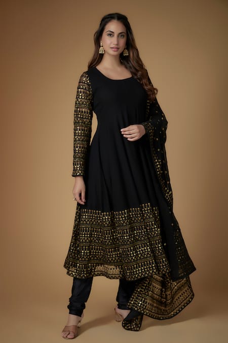 FATIZ Black Georgette, Lycra Embroidery Round Neck Anarkali Set 