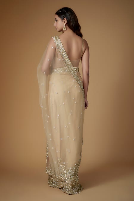 Shop_FATIZ_Gold Tulle Embroidery, Sequins Round Neck Champagne Embellished Saree Set _at_Aza_Fashions