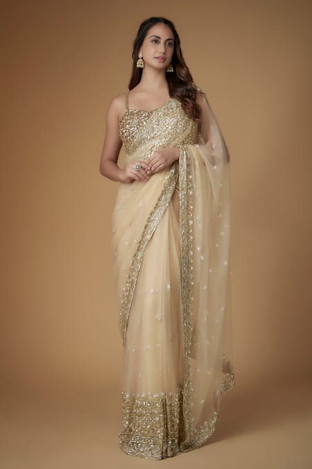 FATIZ Gold Tulle Sequins, Embroidery, Beads Round Champagne Embellished Saree Set 