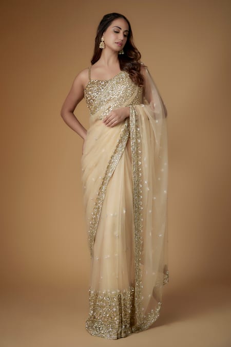 FATIZ_Gold Tulle Embroidery, Sequins Round Neck Champagne Embellished Saree Set _Online_at_Aza_Fashions