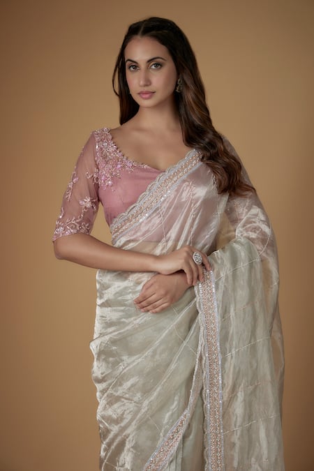 FATIZ Blush Pink & Ivory Designer Saree Set 