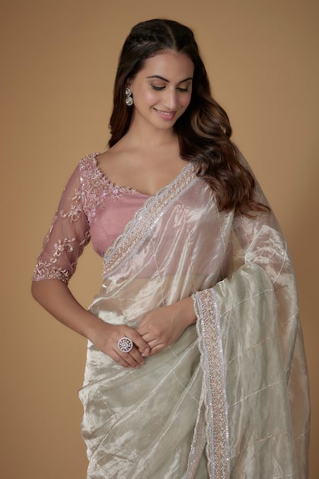 FATIZ_Ivory Tissue, Silk, Tulle Embroidery Scoop Neck Blush Pink And Designer Saree Set _Online_at_Aza_Fashions