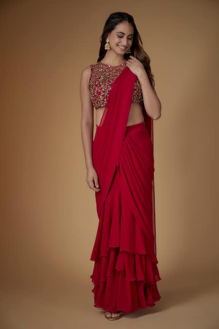 FATIZ Red Georgette, Tulle Sequins, Beads Round Designer Pre-draped Saree And Blouse Set 