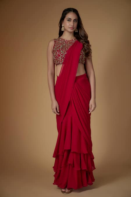 FATIZ Red Georgette, Tulle Sequins, Beads Round Designer Pre-draped Saree And Blouse Set Online at Aza Fashions FATIZ_Red Georgette, Tulle Sequins, Beads Round Designer Pre-draped Saree And Blouse Set _Online_at_Aza_Fashions