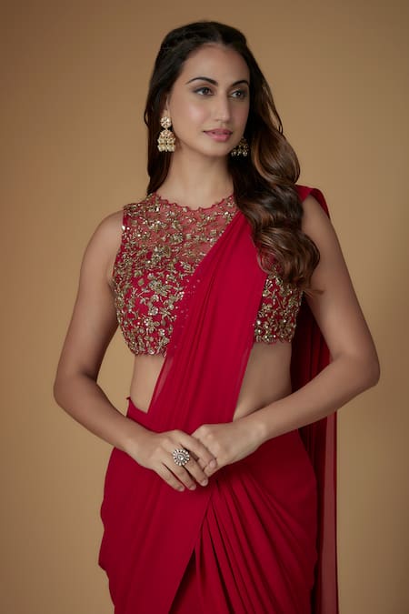 Buy FATIZ Red Georgette, Tulle Sequins, Beads Round Designer Pre-draped Saree And Blouse Set Online at Aza Fashions Buy_FATIZ_Red Georgette, Tulle Sequins, Beads Round Designer Pre-draped Saree And Blouse Set _Online_at_Aza_Fashions