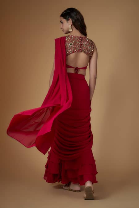 Shop FATIZ Red Georgette, Tulle Sequins, Beads Round Designer Pre-draped Saree And Blouse Set at Aza Fashions Shop_FATIZ_Red Georgette, Tulle Sequins, Beads Round Designer Pre-draped Saree And Blouse Set _at_Aza_Fashions