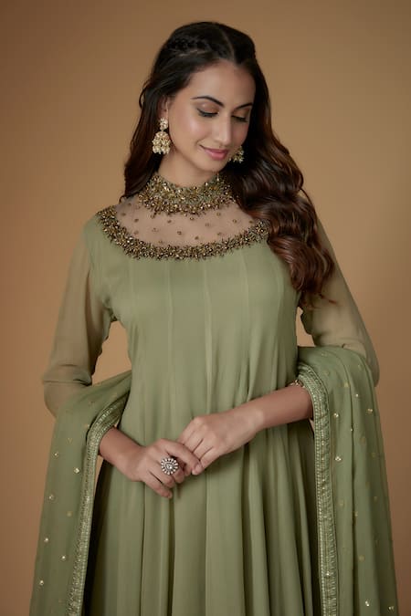 FATIZ_Green Georgette, Lycra Sequins Round Neck Sage Anarkali Set _Online_at_Aza_Fashions