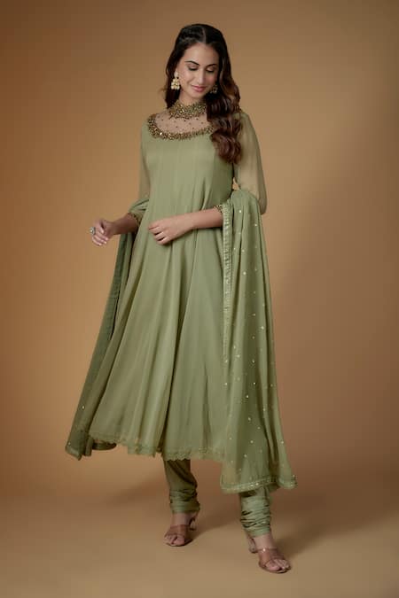 Buy_FATIZ_Green Georgette, Lycra Sequins Round Neck Sage Anarkali Set _Online_at_Aza_Fashions