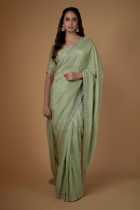 FATIZ Mint Tissue, Georgette Embroidery Round Neck Green Saree Set 
