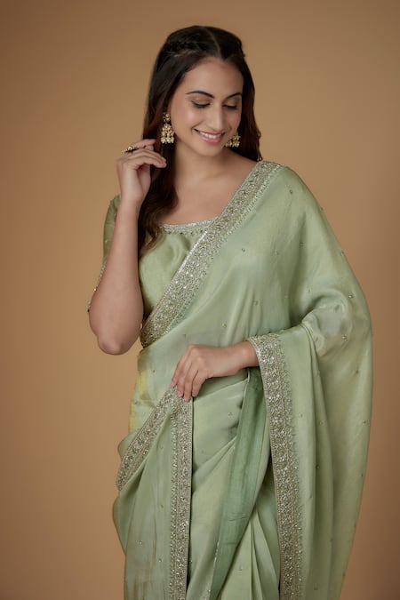 FATIZ_Mint Embroidery Round Neck Green Tissue Georgette Saree Set_Online_at_Aza_Fashions