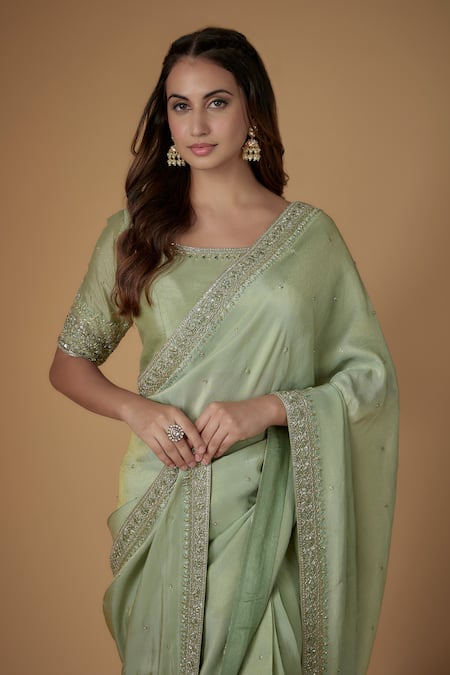 Buy_FATIZ_Mint Embroidery Round Neck Green Tissue Georgette Saree Set_Online_at_Aza_Fashions