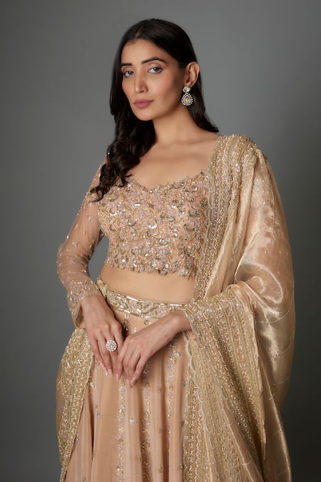Buy FATIZ Gold Tissue, Georgette, Silk Sequins, Embroidery Round Champagne Lehenga Set Online at Aza Fashions Buy_FATIZ_Gold Tissue, Georgette, Silk Sequins, Embroidery Round Champagne Lehenga Set _Online_at_Aza_Fashions