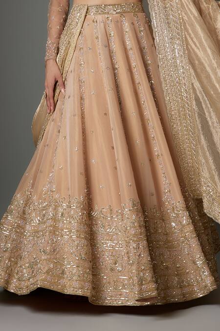 Shop FATIZ Gold Tissue, Georgette, Silk Sequins, Embroidery Round Champagne Lehenga Set Online at Aza Fashions Shop_FATIZ_Gold Tissue, Georgette, Silk Sequins, Embroidery Round Champagne Lehenga Set _Online_at_Aza_Fashions