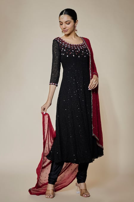 FATIZ Black Georgette, Lycra Sequins, Embroidery Designer Anarkali Set With Dupatta 