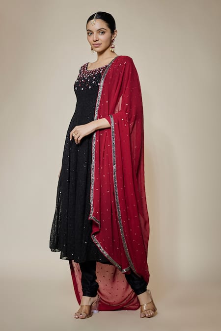 FATIZ_Black Georgette, Lycra Sequins, Embroidery Designer Anarkali Set With Dupatta _Online_at_Aza_Fashions