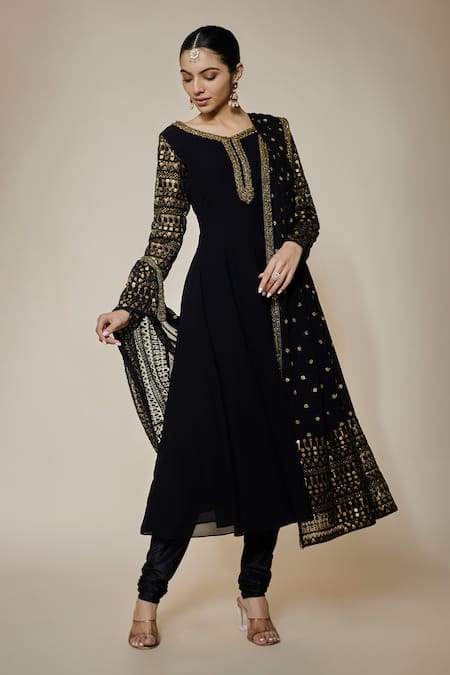 FATIZ Black Georgette, Lycra Embroidery Round Neck Designer Anarkali Set 