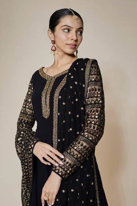 FATIZ_Black Georgette, Lycra Embroidery Round Neck Designer Anarkali Set _Online_at_Aza_Fashions