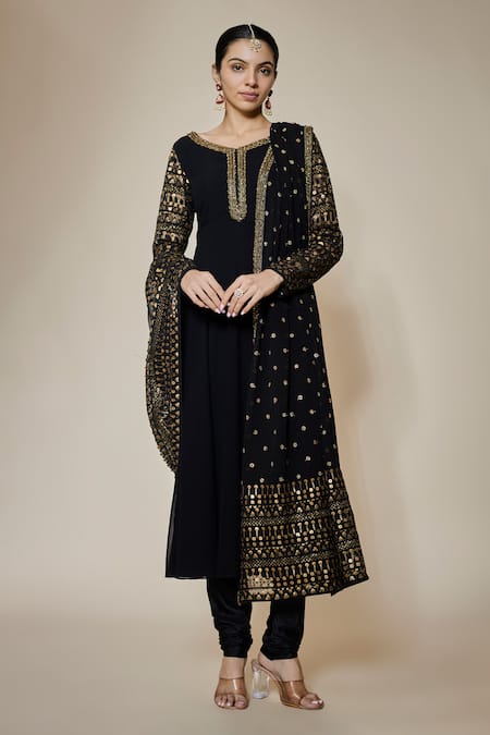 Buy_FATIZ_Black Georgette, Lycra Embroidery Round Neck Designer Anarkali Set _Online_at_Aza_Fashions