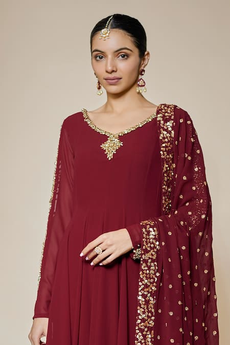 FATIZ Maroon Georgette, Lycra Sequins, Embroidery Round Neck Designer Anarkali Set Online at Aza Fashions FATIZ_Maroon Georgette, Lycra Sequins, Embroidery Round Neck Designer Anarkali Set _Online_at_Aza_Fashions