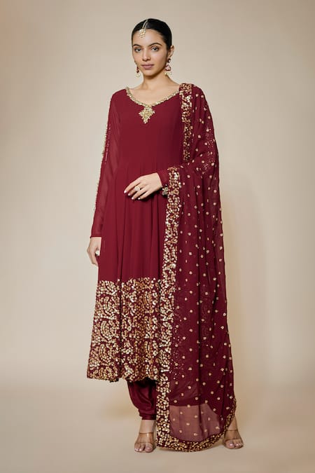 Buy FATIZ Maroon Georgette, Lycra Sequins, Embroidery Round Neck Designer Anarkali Set Online at Aza Fashions Buy_FATIZ_Maroon Georgette, Lycra Sequins, Embroidery Round Neck Designer Anarkali Set _Online_at_Aza_Fashions