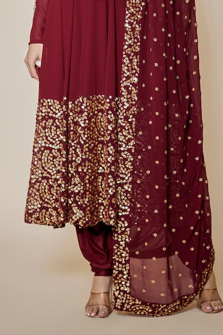 Shop FATIZ Maroon Georgette, Lycra Sequins, Embroidery Round Neck Designer Anarkali Set Online at Aza Fashions Shop_FATIZ_Maroon Georgette, Lycra Sequins, Embroidery Round Neck Designer Anarkali Set _Online_at_Aza_Fashions