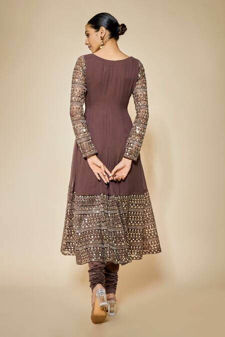Shop FATIZ Mauve Georgette, Lycra Sequins, Brown Anarkali Set With Leggings And Dupatta at Aza Fashions Shop_FATIZ_Mauve Georgette, Lycra Sequins, Brown Anarkali Set With Leggings And Dupatta_at_Aza_Fashions