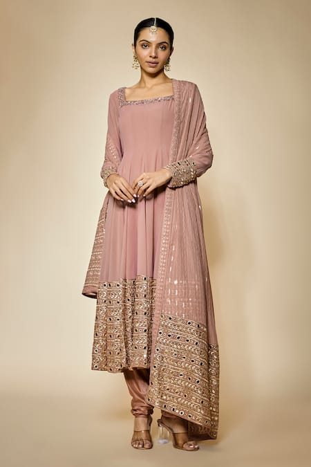 FATIZ Pink Georgette, Lycra Sequins, Embroidery Designer Dusty Rose Anarkali Set 
