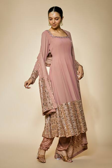 FATIZ_Pink Georgette, Lycra Sequins, Embroidery Designer Dusty Rose Anarkali Set_Online_at_Aza_Fashions