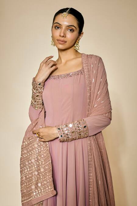 Buy_FATIZ_Pink Georgette, Lycra Sequins, Embroidery Designer Dusty Rose Anarkali Set_Online_at_Aza_Fashions