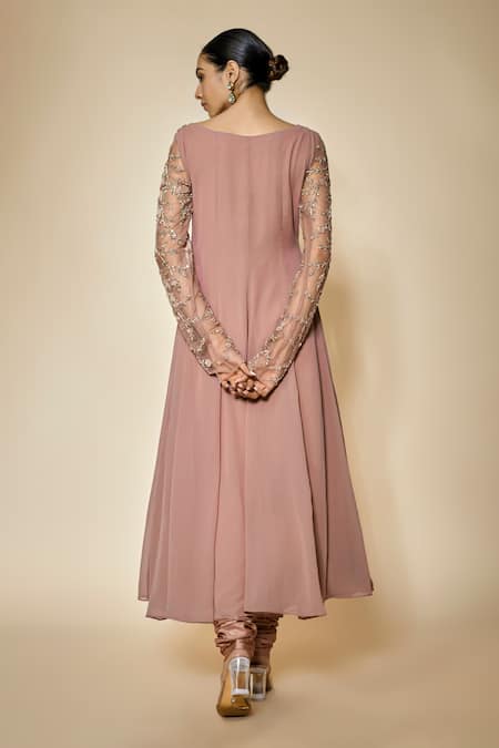 Shop FATIZ Pink Georgette, Lycra, Chiffon Beads, Designer Dusty Rose Anarkali Set at Aza Fashions Shop_FATIZ_Pink Georgette, Lycra, Chiffon Beads, Designer Dusty Rose Anarkali Set _at_Aza_Fashions