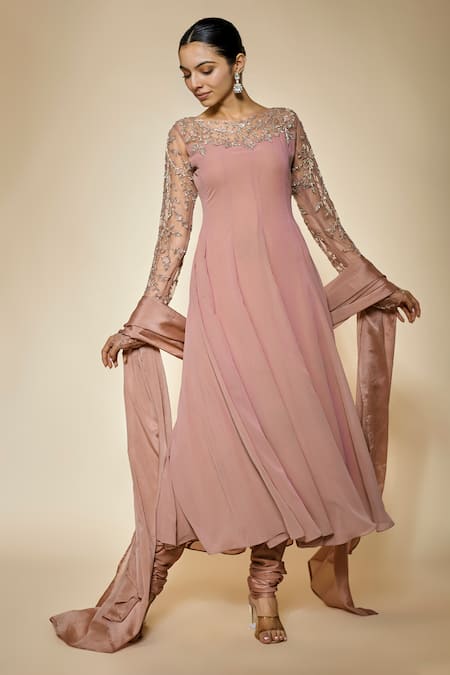 FATIZ Pink Georgette, Lycra Beads, Embroidery Round Designer Dusty Rose Anarkali Set 