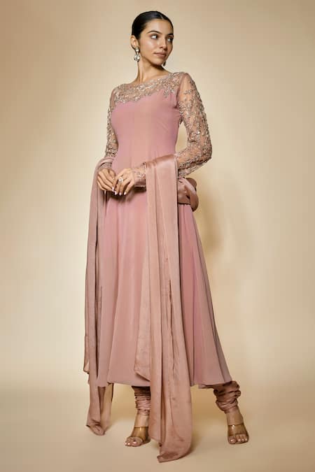 FATIZ Pink Georgette, Lycra, Chiffon Beads, Designer Dusty Rose Anarkali Set Online at Aza Fashions FATIZ_Pink Georgette, Lycra, Chiffon Beads, Designer Dusty Rose Anarkali Set _Online_at_Aza_Fashions