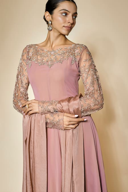 Buy FATIZ Pink Georgette, Lycra, Chiffon Beads, Designer Dusty Rose Anarkali Set Online at Aza Fashions Buy_FATIZ_Pink Georgette, Lycra, Chiffon Beads, Designer Dusty Rose Anarkali Set _Online_at_Aza_Fashions