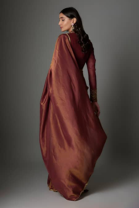 FATIZ Maroon Designer Pre-Draped Saree Set 