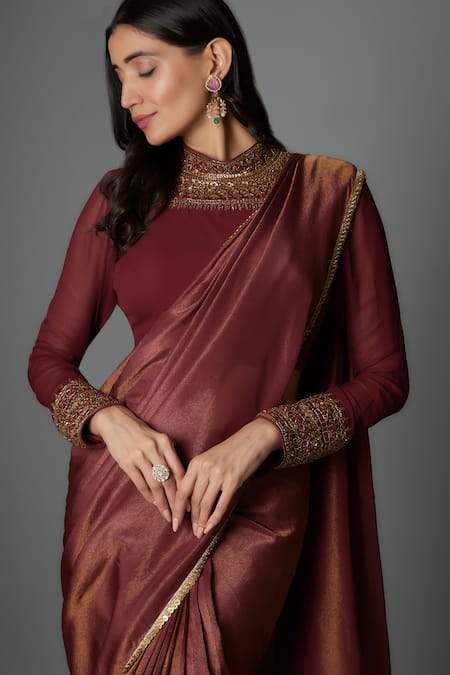 FATIZ_Maroon Georgette, Tissue Embroidery Round Neck Designer Pre-draped Saree Set _Online_at_Aza_Fashions