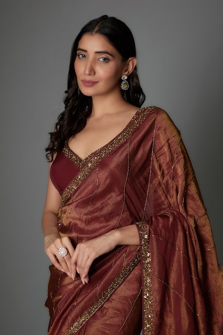 FATIZ_Maroon Sequins, Embroidery, Beads V-neck Designer Saree Set _Online_at_Aza_Fashions