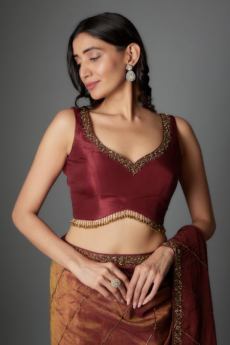 Buy_FATIZ_Maroon Sequins, Embroidery, Beads V-neck Designer Saree Set _Online_at_Aza_Fashions