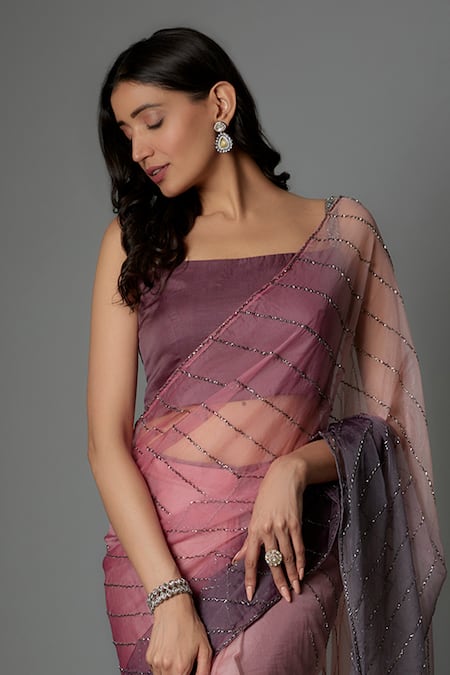 FATIZ Purple Organza Sequins, Embroidery Square Crystal Pre-draped Saree With Blouse Online at Aza Fashions FATIZ_Purple Organza Sequins, Embroidery Square Crystal Pre-draped Saree With Blouse _Online_at_Aza_Fashions