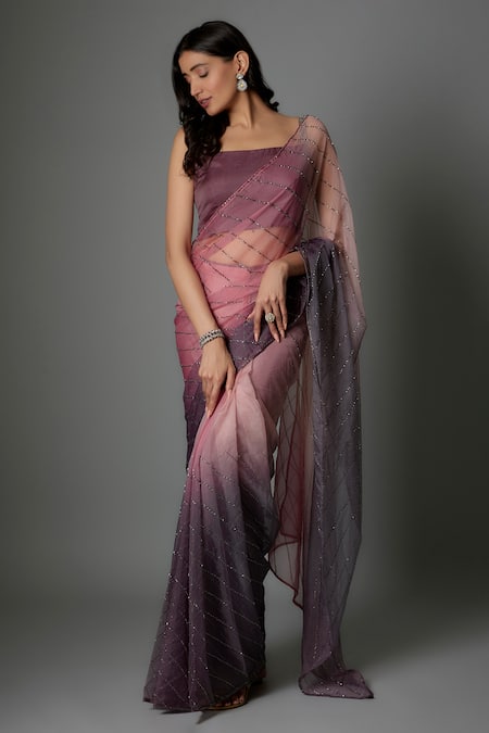FATIZ Purple Organza Sequins Round Neck Crystal Designer Saree Set 