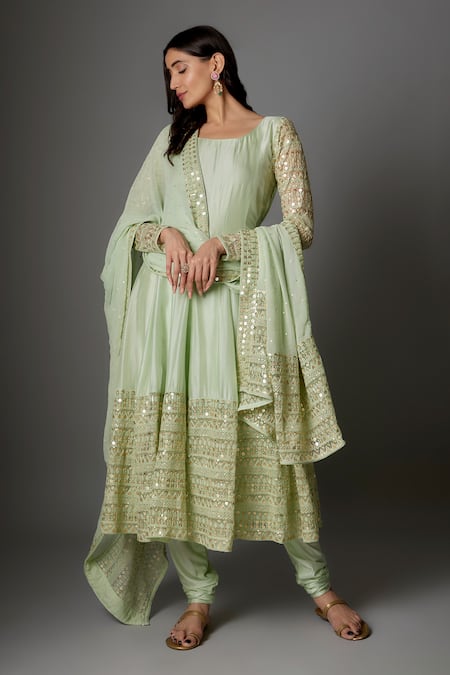 FATIZ Mint Georgette, Lycra, Silk Sequins, Embroidery Green Designer Anarkali Set 