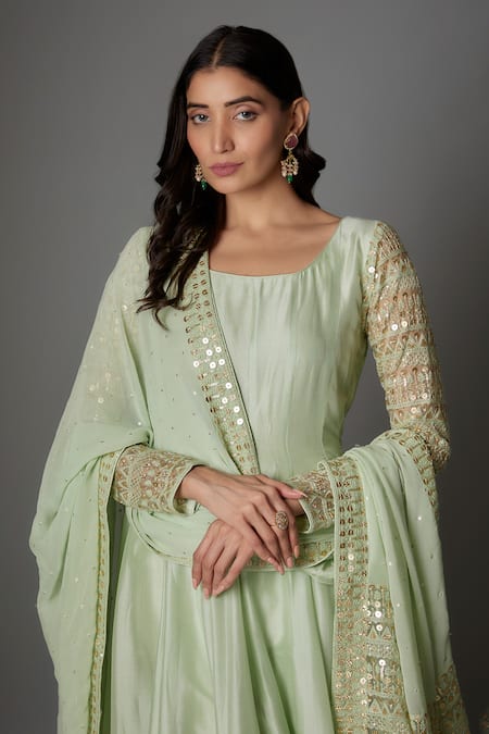 FATIZ_Mint Lycra, Georgette, Silk Sequins, Embroidery Green Designer Anarkali Set _Online_at_Aza_Fashions