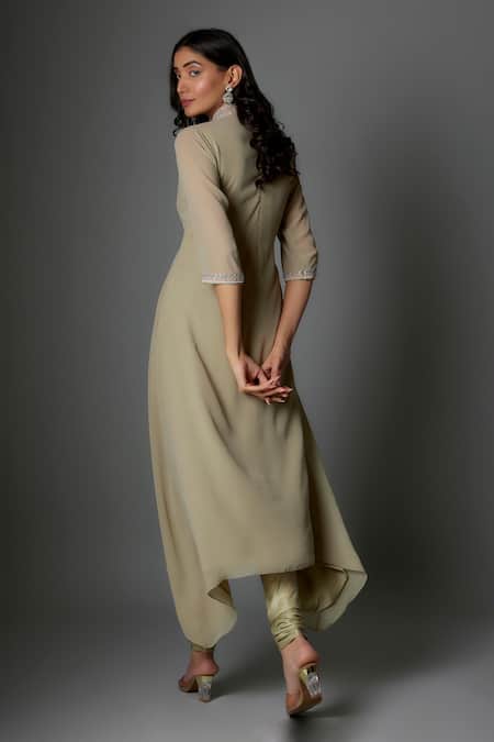 Shop FATIZ Green Georgette, Lycra Beads High Neck Sage Kurta Set at Aza Fashions Shop_FATIZ_Green Georgette, Lycra Beads High Neck Sage Kurta Set _at_Aza_Fashions