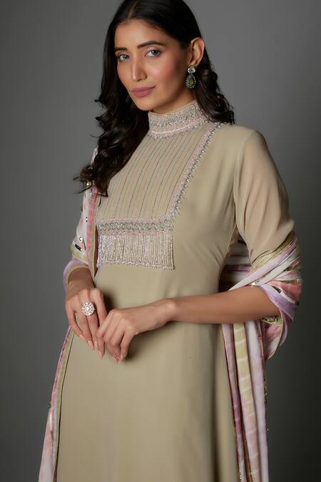 FATIZ Green Georgette, Lycra Beads High Neck Sage Kurta Set Online at Aza Fashions FATIZ_Green Georgette, Lycra Beads High Neck Sage Kurta Set _Online_at_Aza_Fashions