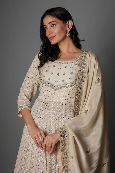 FATIZ Cream Georgette, Tissue Sequins, Embroidery, Beads Designer Anarkali Lehenga Set Online at Aza Fashions FATIZ_Cream Georgette, Tissue Sequins, Embroidery, Beads Designer Anarkali Lehenga Set _Online_at_Aza_Fashions