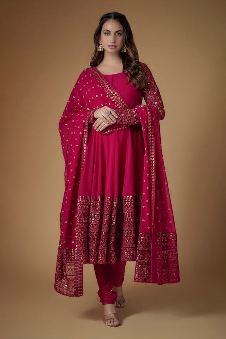 FATIZ Red Georgette, Lycra Embroidery, Sequins Designer Reddish Rani Anarkali Set 