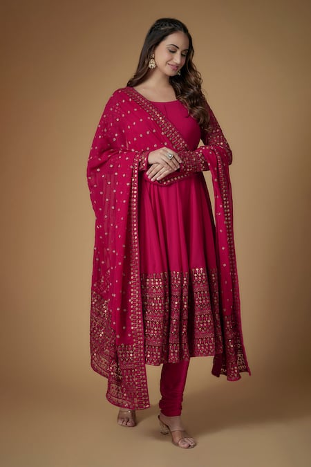 FATIZ_Red Georgette, Lycra Embroidery, Sequins Designer Reddish Rani Anarkali Set _Online_at_Aza_Fashions
