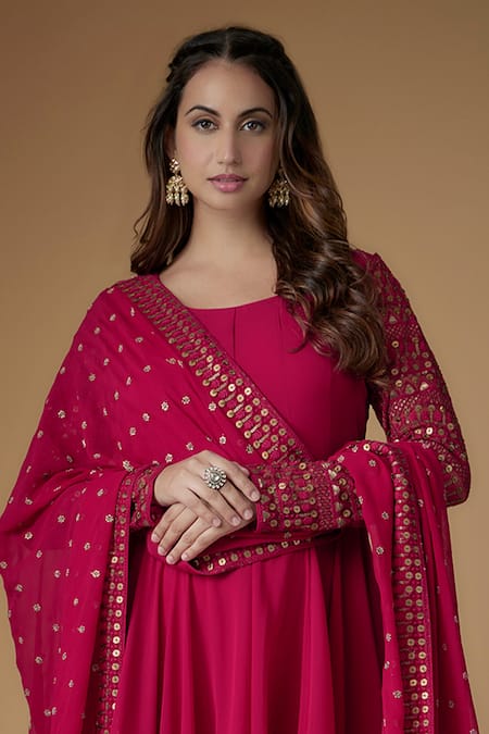 Buy_FATIZ_Red Georgette, Lycra Embroidery, Sequins Designer Reddish Rani Anarkali Set _Online_at_Aza_Fashions