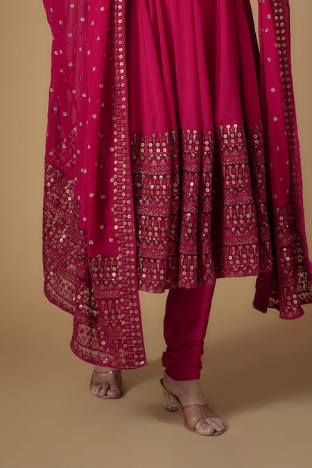 Shop_FATIZ_Red Georgette, Lycra Embroidery, Sequins Designer Reddish Rani Anarkali Set _Online_at_Aza_Fashions