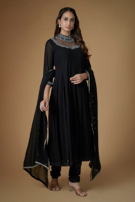 FATIZ_Black Georgette, Lycra Beads, Sequins High Neck Anarkali Set _Online_at_Aza_Fashions